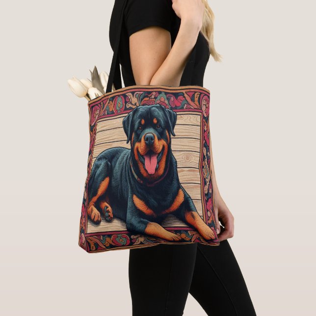 Tote Bag Bordure colorée stylée Rotweiler Chien 3D (De près)