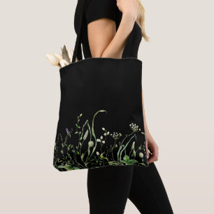 Tote Bag Bordure de fleurs sauvages sur fond noir