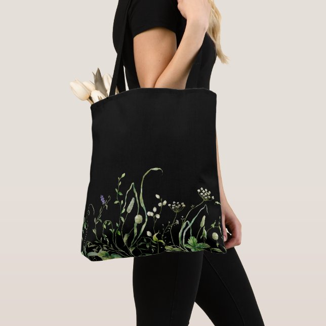 Tote Bag Bordure de fleurs sauvages sur fond noir (De près)