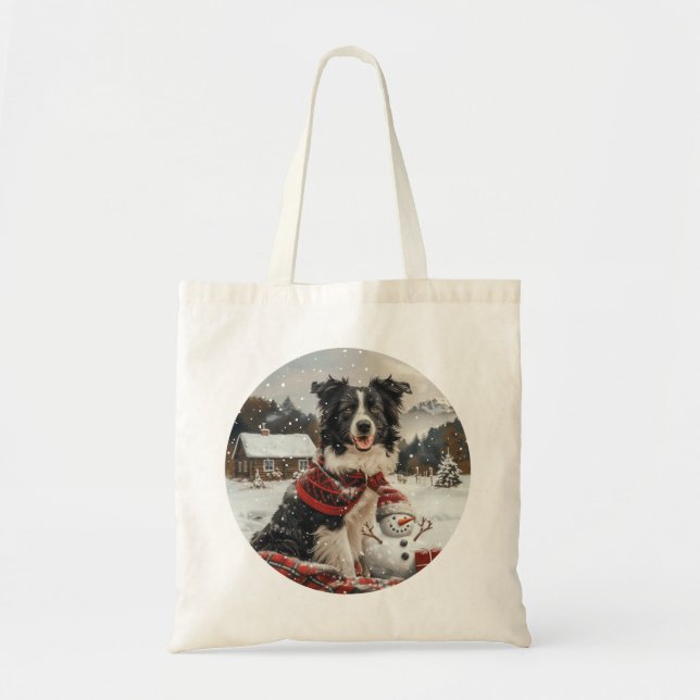 Tote Bag Bordure de Noël Collie Chien Snowman (Devant)