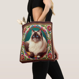 Tote Bag Bordure décorative Birman Chat Fleurs colorées
