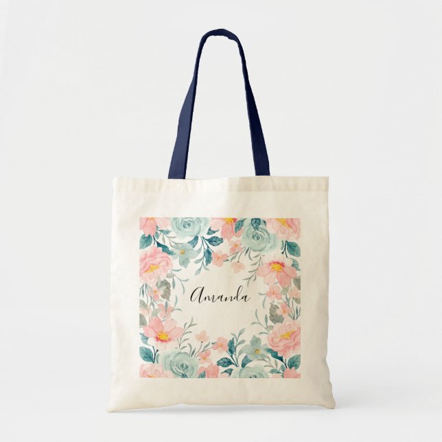 Tote Bag Bordure florale rose et verte (Devant)