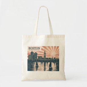 Tote Bag Boston Charles River Voiliers Skyline Art Vintage