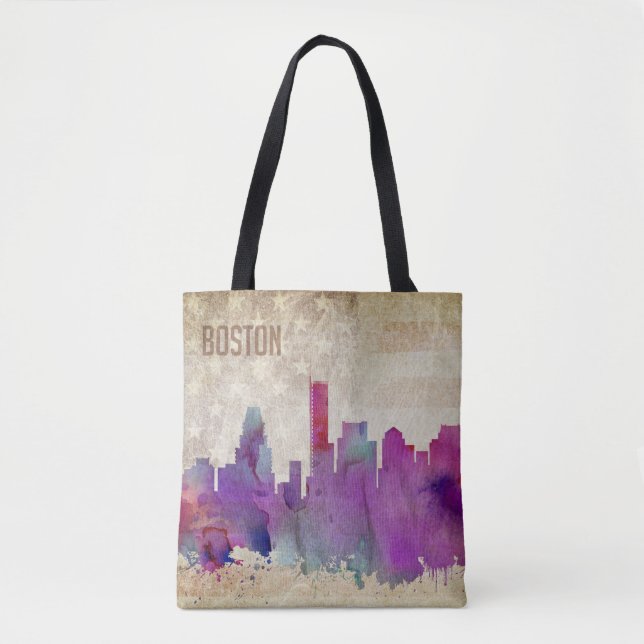 Tote Bag Boston, horizon de ville d'aquarelle de mA | (Devant)