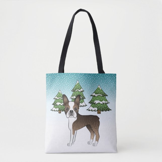 Tote Bag Boston Terrier bringé dans une forêt hivernale (Devant)