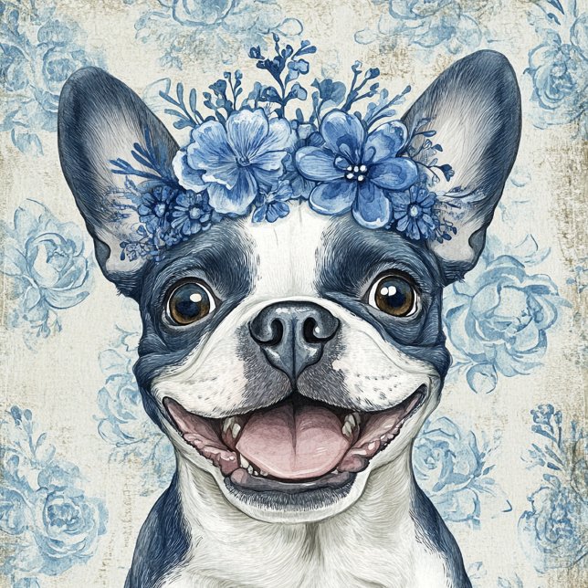 Tote Bag Boston Terrier Chien Blue Floral (Créateur téléchargé)