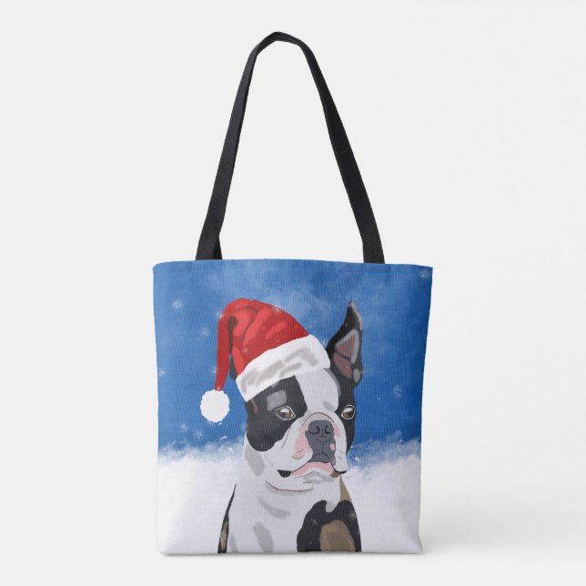 Tote Bag Boston Terrier Chien dans neige Noël Joyeux vacanc (Dos)
