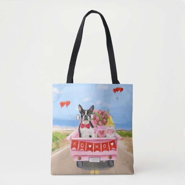 Tote Bag Boston Terrier Chien Valentine's Day Truck Hearts (Devant)