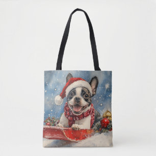 Tote Bag Boston Terrier Dog in Sledge Let it Neige Noël