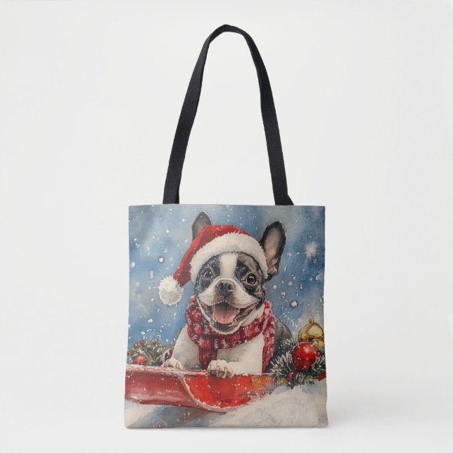 Tote Bag Boston Terrier Dog in Sledge Let it Neige Noël (Devant)