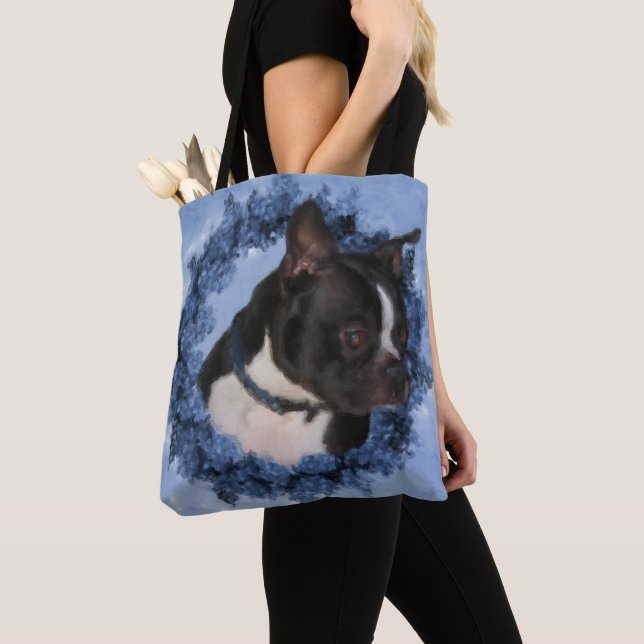 Tote Bag Boston Terrier Fleurs Chien Art peinture photo (De près)