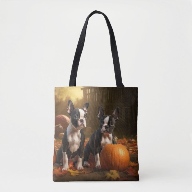 Tote Bag Boston Terrier Puppy Automne Citrouille de plaisir (Devant)
