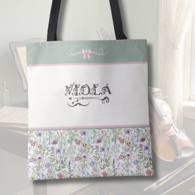 Tote Bag Botanical Sage Green Viola | String Player (Botanical Viola Tote Bag | Sage Green & Pink Wildflower | Personalized Orchestra Gift)