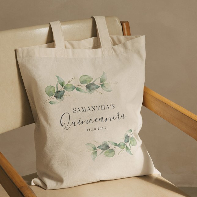 Tote Bag Botanique 15e anniversaire Eucalyptus Quinceanera (Eucalyptus Greenery Quinceanera 15th Birthday Keepsake Tote Bag)