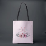 Tote Bag Botanique chic rose rose floral monogrammé<br><div class="desc">Botanique chic floral élégant plante feuillage gris rose pâle sac fourre-tout monogramme de fleurs rose.</div>