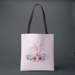Tote Bag Botanique chic rose rose floral monogrammé<br><div class="desc">Botanique chic floral élégant plante feuillage gris rose pâle sac fourre-tout monogramme de fleurs rose.</div>
