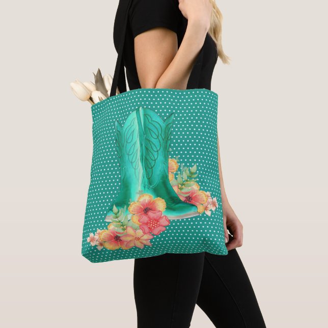 Tote Bag Bottes Et Fleurs De Femme Occidentale Avec Arrière (De près)
