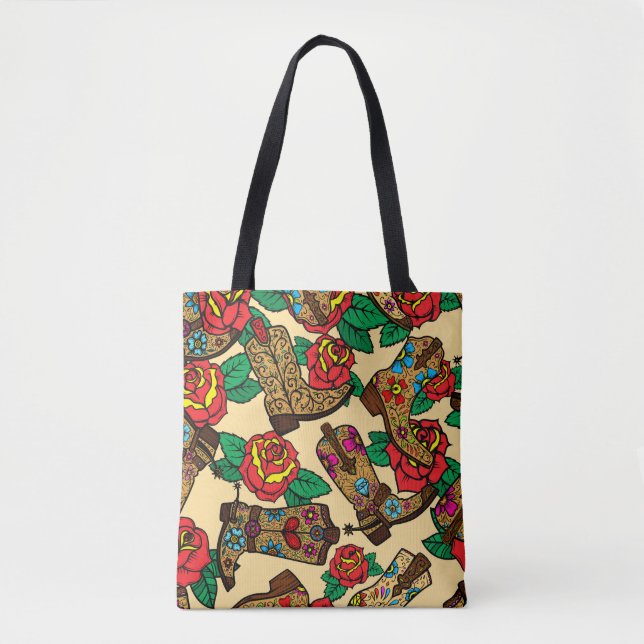 Tote Bag Bottes et Roses Cowboy : Design Vintage. (Devant)
