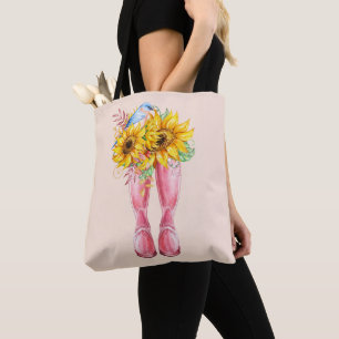 Tote Bag Bottes roses, oiseaux bleus et tournesols