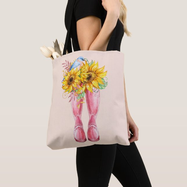 Tote Bag Bottes roses, oiseaux bleus et tournesols (De près)