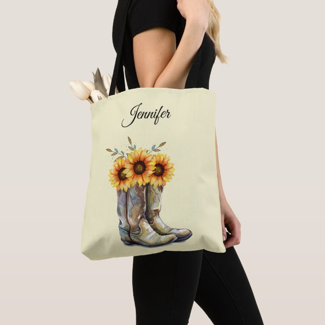 Tote Bag Bottes rustiques Cowboy avec tournesol (De près)