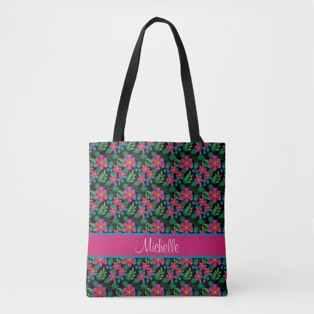 Tote Bag Boucles Bleus Fleur Rose Chaud Vibrant Foliage (Devant)