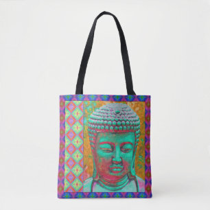 Tote Bag Bouddha Pop en Vert, Jaune, Rouge, Bleu, Magenta