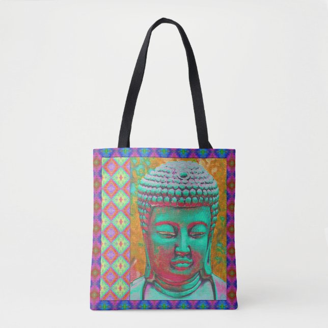 Tote Bag Bouddha Pop en Vert, Jaune, Rouge, Bleu, Magenta (Devant)