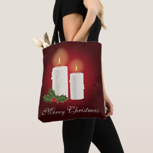 Tote Bag Bougies de Noël blanches sur fond rouge avec texte