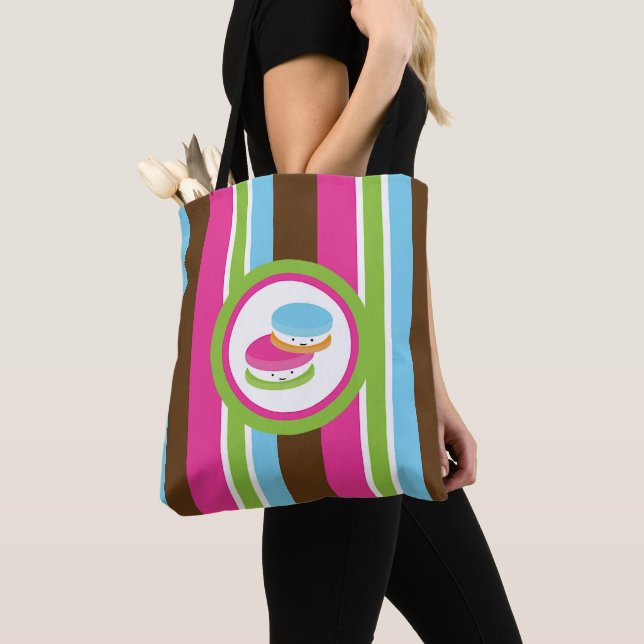 Tote Bag Boulangerie Colorée Mignonne Macarons Fun Stripes (De près)