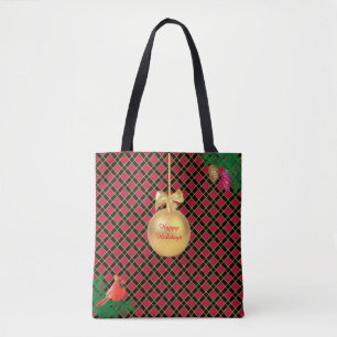 Tote Bag Boule de Noël, oiseau, cônes de pin sur Noir & Rou