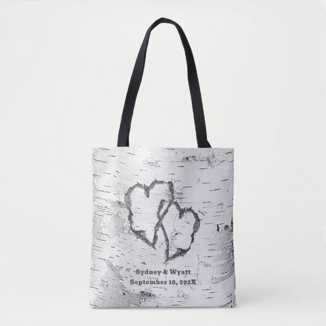 Tote Bag Bouleau Blanc Deux Cœurs Mariage Personnalisé (Devant)