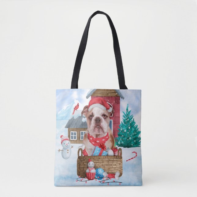 Tote Bag Bouledogue anglais dans la maison de Noël enneigée (Devant)