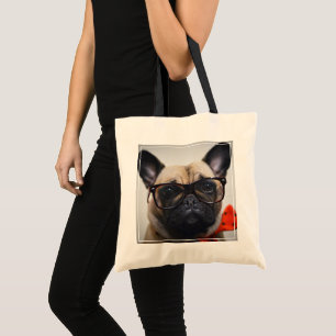 Tote Bag Bouledogue français avec les verres et la cravate
