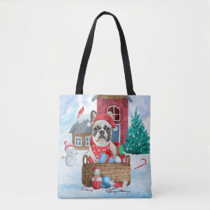 Tote Bag Bouledogue français dans la maison de Noël enneigé