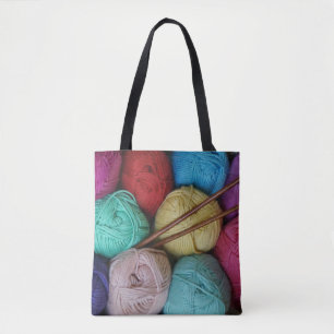 Tote Bag Boules de fil avec les aiguilles de tricot en bois
