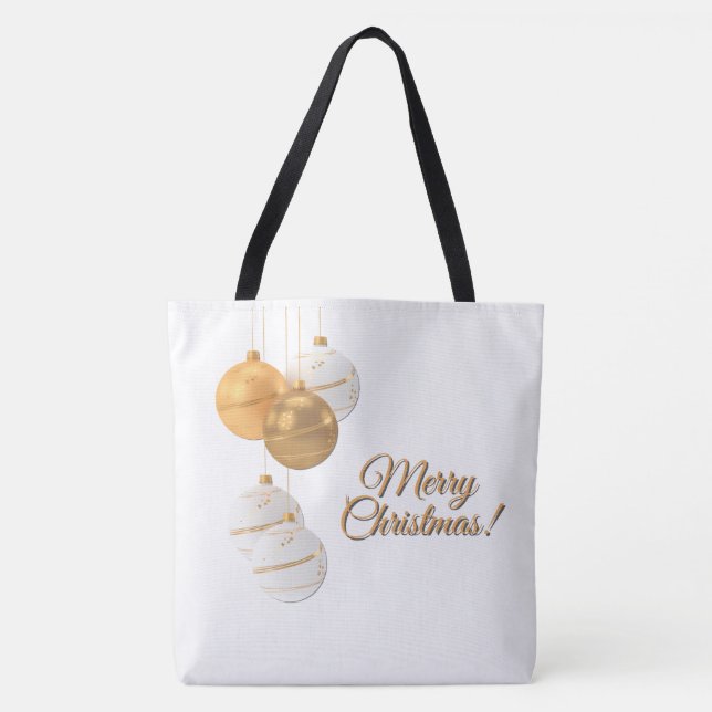 Tote Bag Boules de Noël dorées et blanches Texte personnali (Devant)