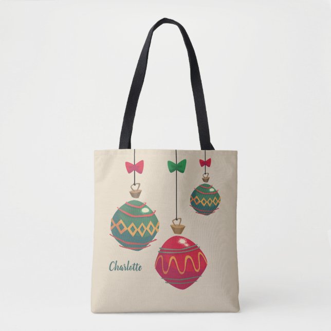 Tote Bag Boules de Noël Rouges et Vertes Rétro (Devant)