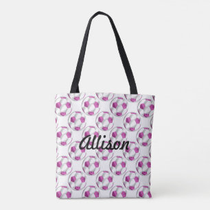Tote Bag Boules de soccer rose et blanc avec nom