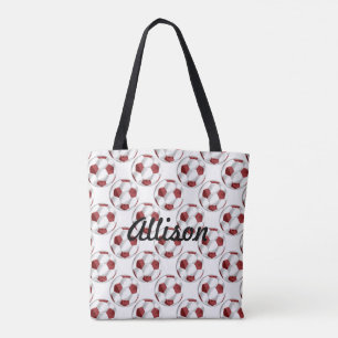 Tote Bag Boules de soccer rouge et blanc avec nom
