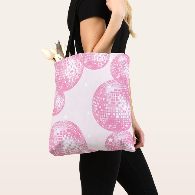 Tote Bag Boules Disco Rose et Etoiles Blanches, Girly Retro (Créateur téléchargé)