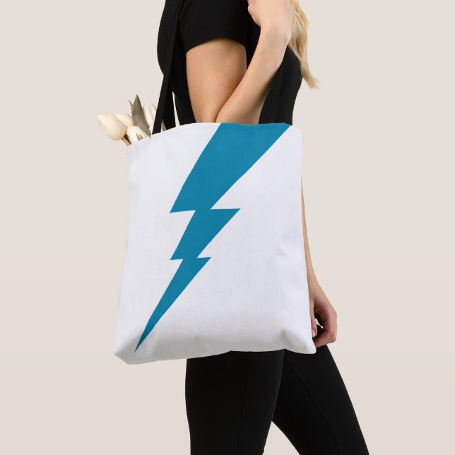 Tote Bag Boulon de foudre géométrique blanc et bleu (De près)