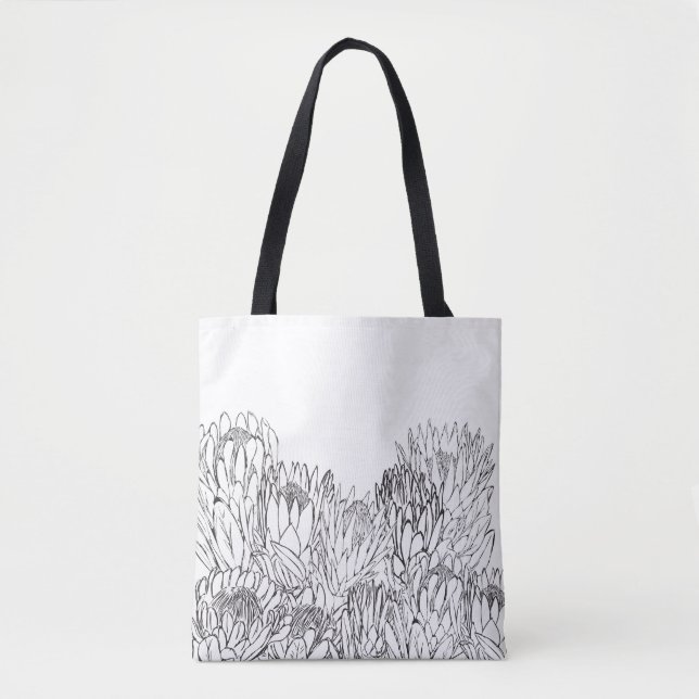 Tote Bag Bouquet de croquis en Protea noir et blanc (Devant)