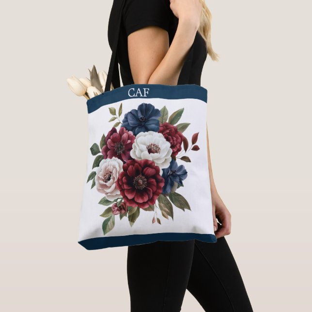Tote Bag Bouquet de fleurs burgundy marine blanc (De près)