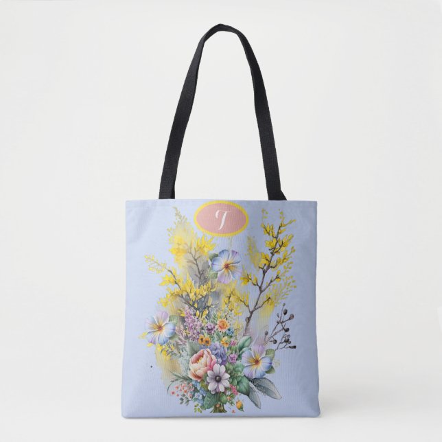 Tote Bag Bouquet de fleurs de printemps de couleur bleu mon (Devant)