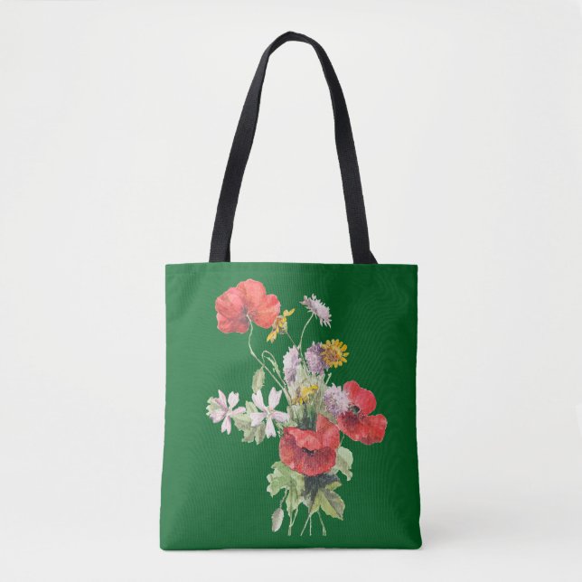 Tote Bag Bouquet de fleurs, fond vert chasseur, (Devant)