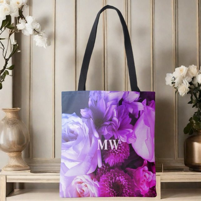 Tote Bag Bouquet de fleurs rose violet bleu à monogramme ph (Créateur téléchargé)