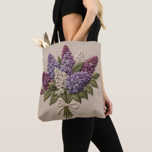 Tote Bag Bouquet de lilas brodé – Lin à faux broderie
