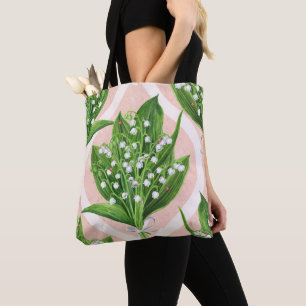 Tote Bag Bouquet de lys de la vallée fleurs sur rose