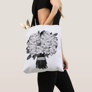Tote Bag Bouquet de Roses Crâniennes Noir et Blanc Gothique